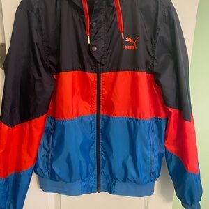 Rare Puma Heritage Wind Jacket Glanz Windbreaker Blue Red Nylon Med